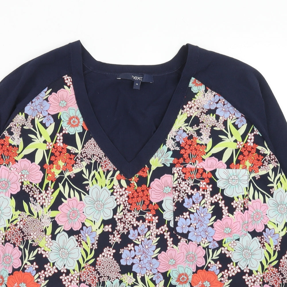 NEXT Womens Blue V-Neck Floral Viscose Pullover Jumper Size 14