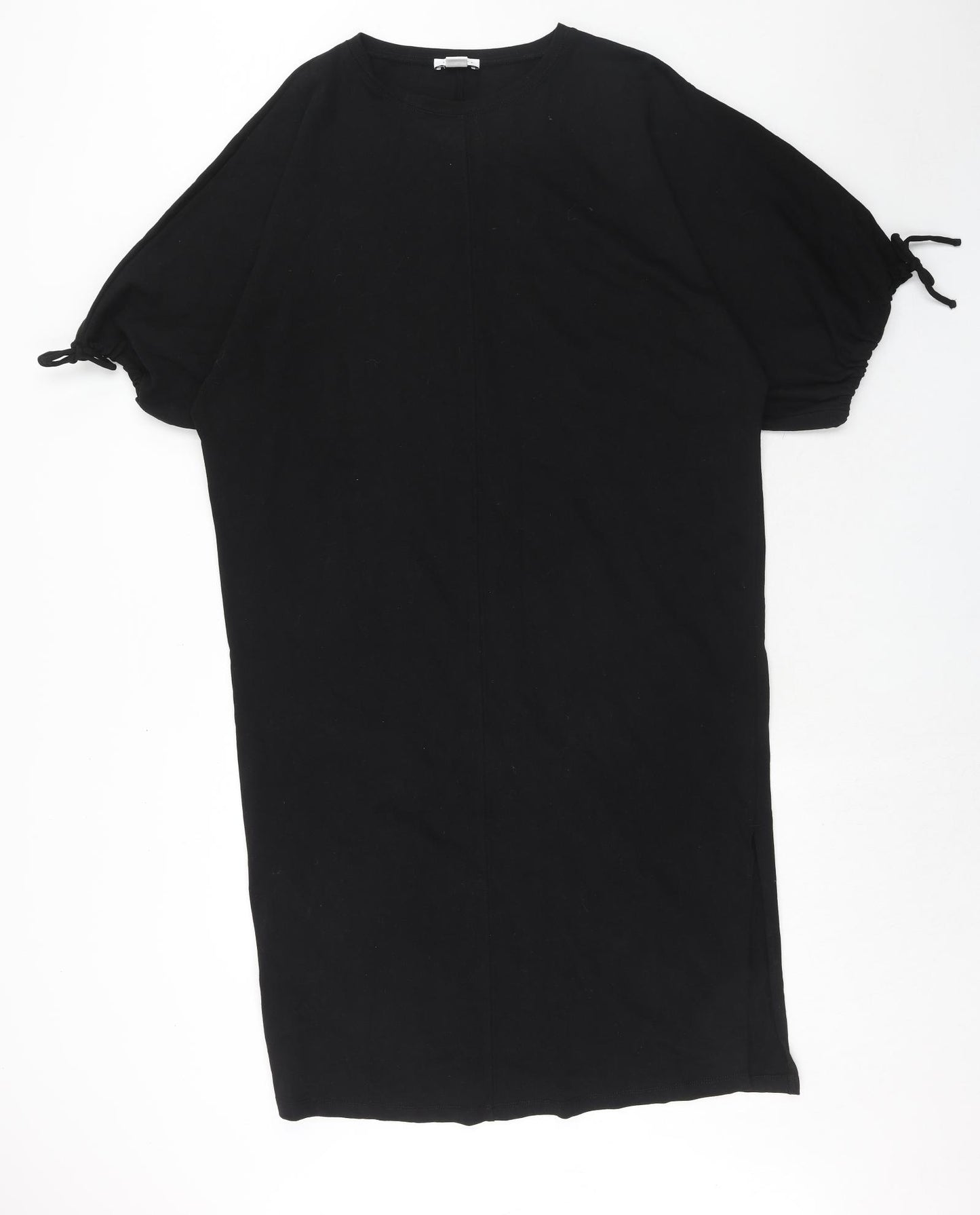 Topshop Womens Black Cotton T-Shirt Dress Size 14 Round Neck Pullover - Tie Sleeve Detail