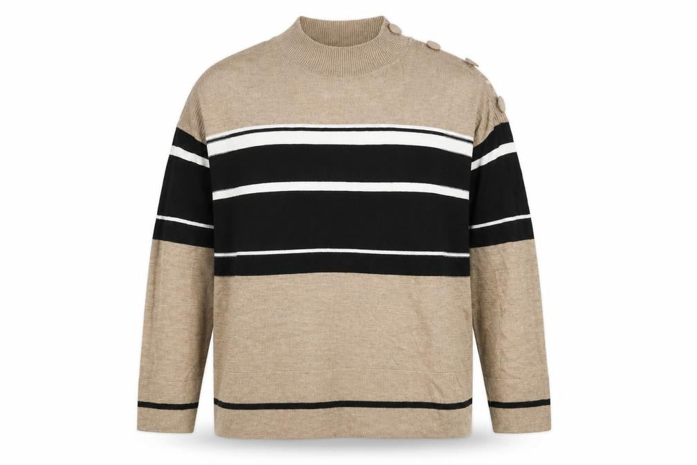 Front view of Next women’s brown round neck striped viscose jumper, size UK 12