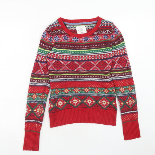 H&M Womens Red Boat Neck Geometric Cotton Pullover Jumper Size S