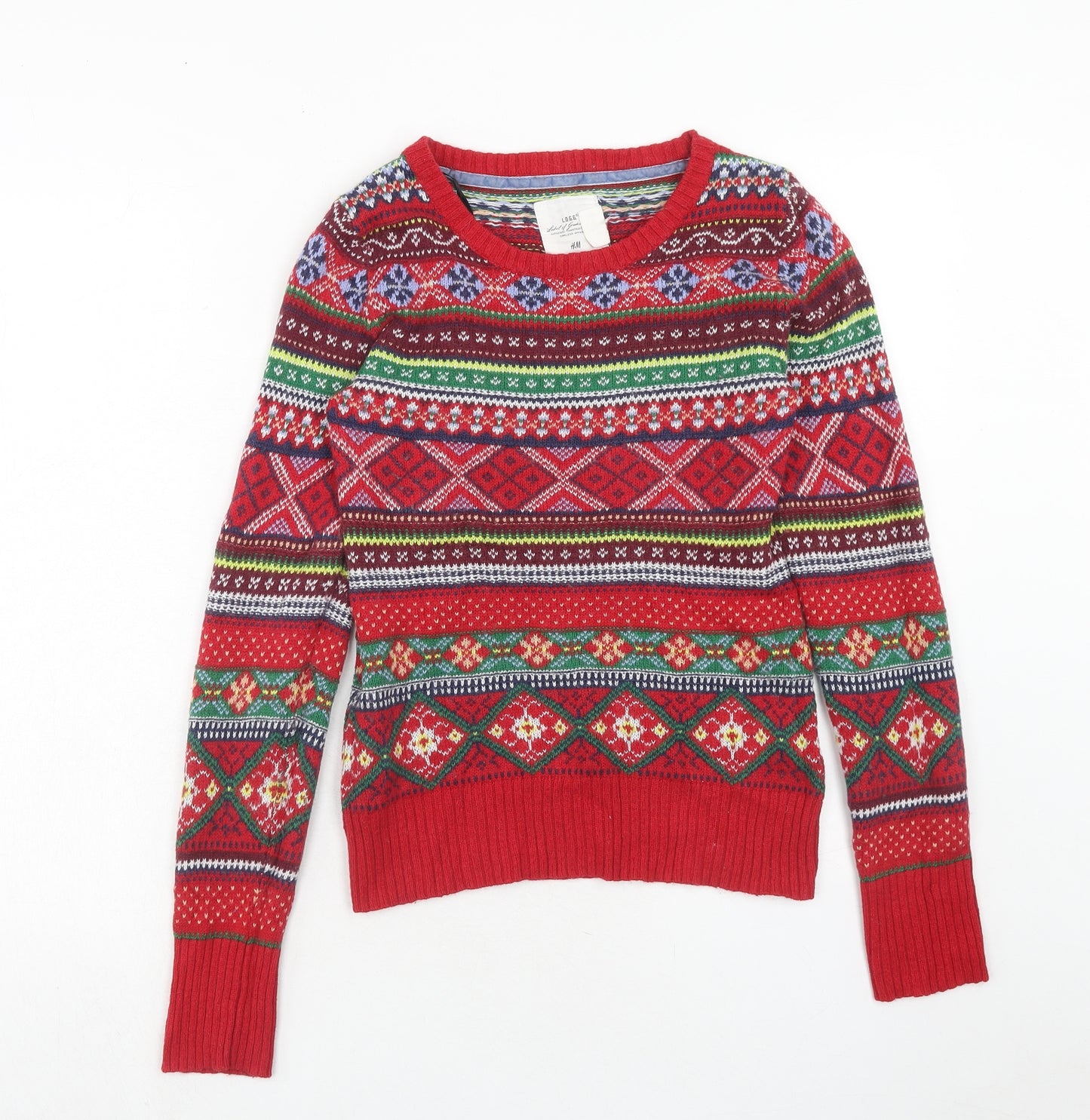 H&M Womens Red Boat Neck Geometric Cotton Pullover Jumper Size S