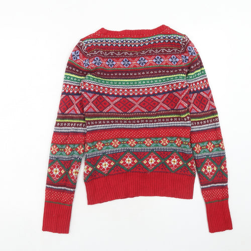 H&M Womens Red Boat Neck Geometric Cotton Pullover Jumper Size S