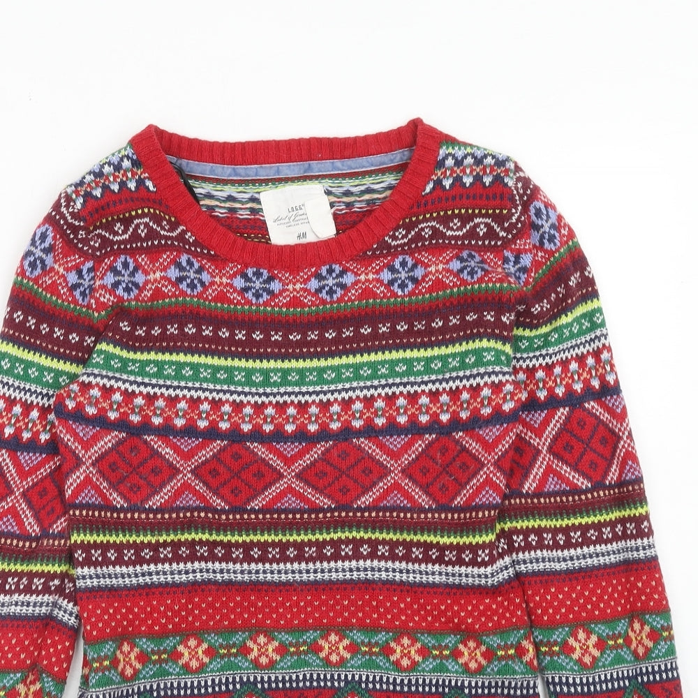 H&M Womens Red Boat Neck Geometric Cotton Pullover Jumper Size S