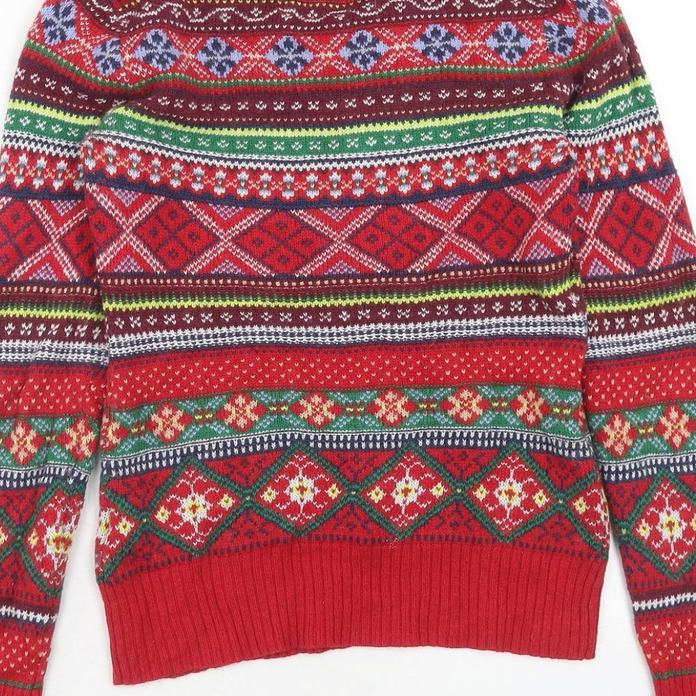 H&M Womens Red Boat Neck Geometric Cotton Pullover Jumper Size S