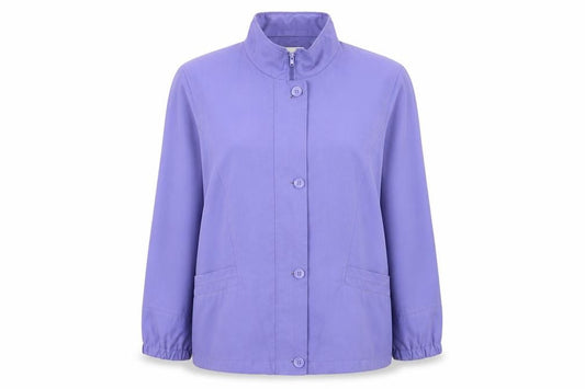 Front view of Marks & Spencer women’s purple jacket, size UK 14, zip