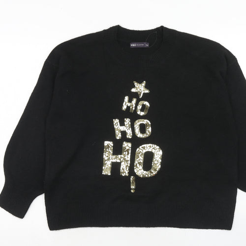 Marks and Spencer Womens Black Crew Neck Acrylic Pullover Jumper Size L - Ho Ho Ho Christmas