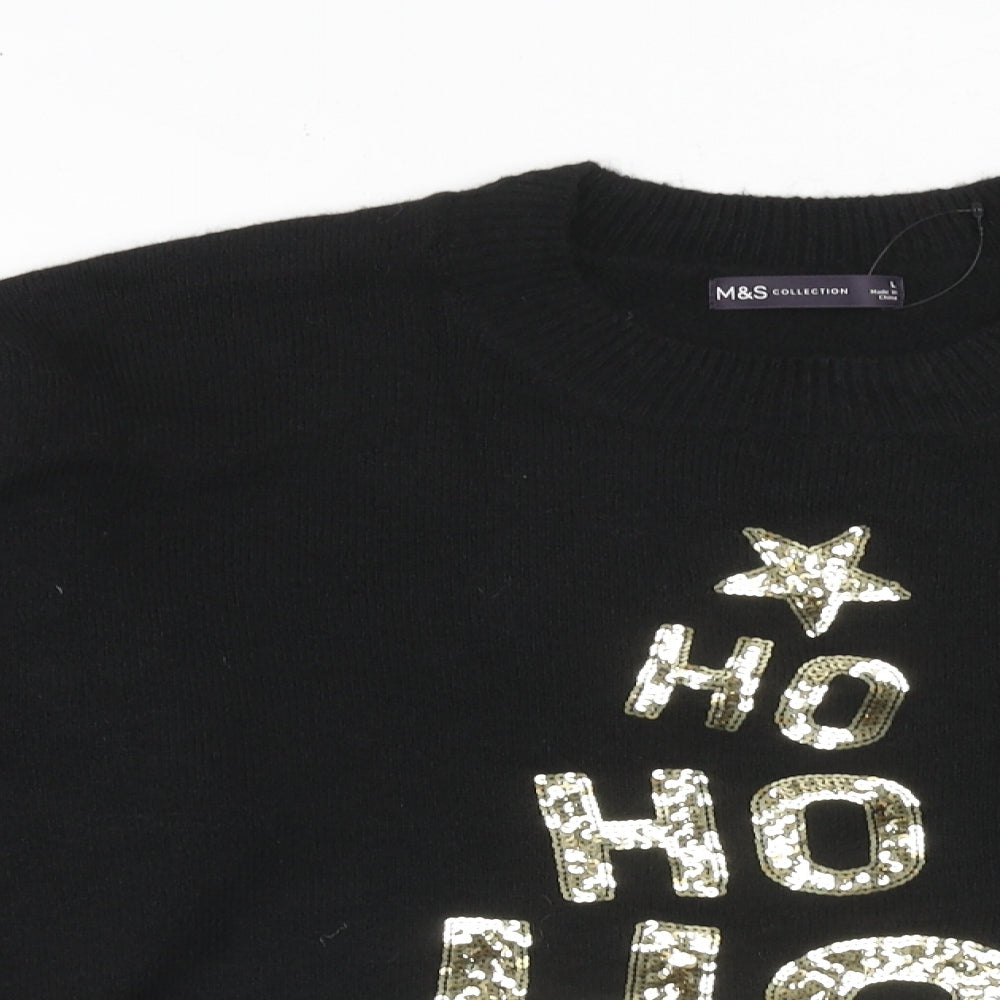 Marks and Spencer Womens Black Crew Neck Acrylic Pullover Jumper Size L - Ho Ho Ho Christmas