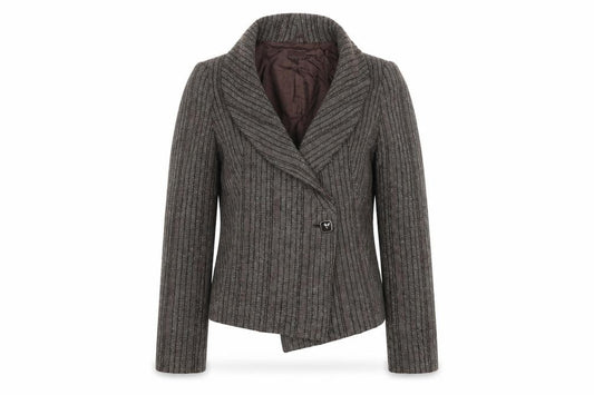 Front view of United nation colors women’s brown striped wool jacket blazer, size UK 12