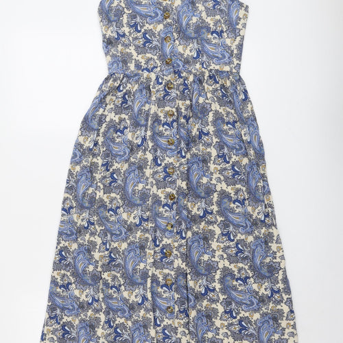 H&M Womens Blue Geometric Viscose Slip Dress Size 6 V-Neck Button