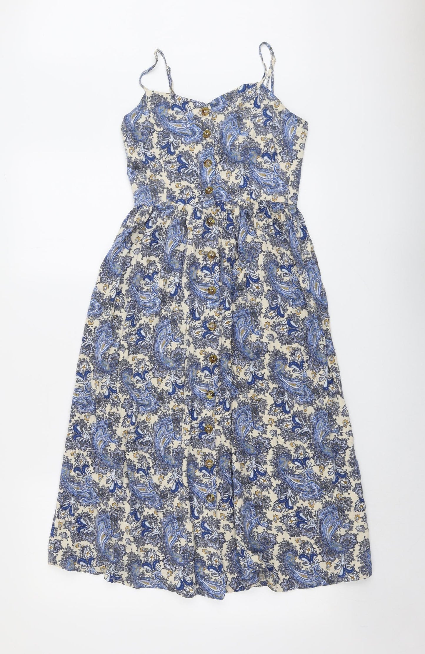 H&M Womens Blue Geometric Viscose Slip Dress Size 6 V-Neck Button
