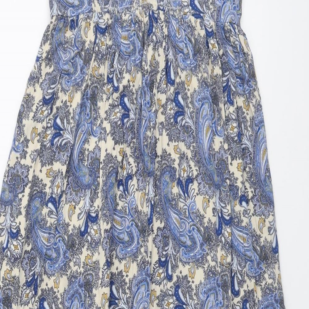 H&M Womens Blue Geometric Viscose Slip Dress Size 6 V-Neck Button