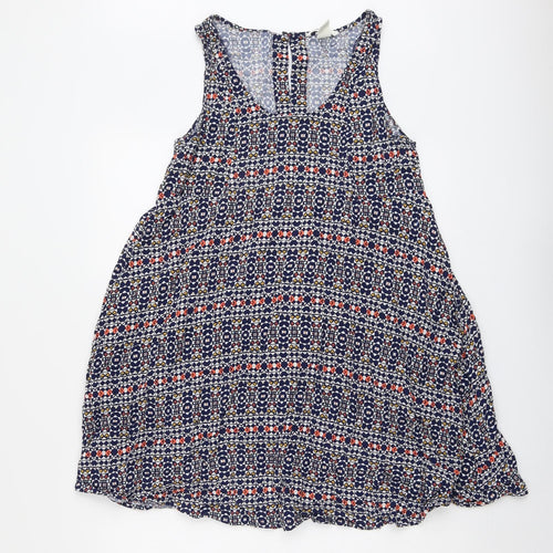 H&M Womens Blue Geometric Viscose Tank Dress Size 10 Round Neck Button
