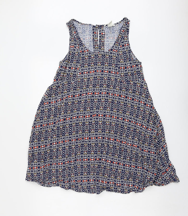 H&M Womens Blue Geometric Viscose Tank Dress Size 10 Round Neck Button
