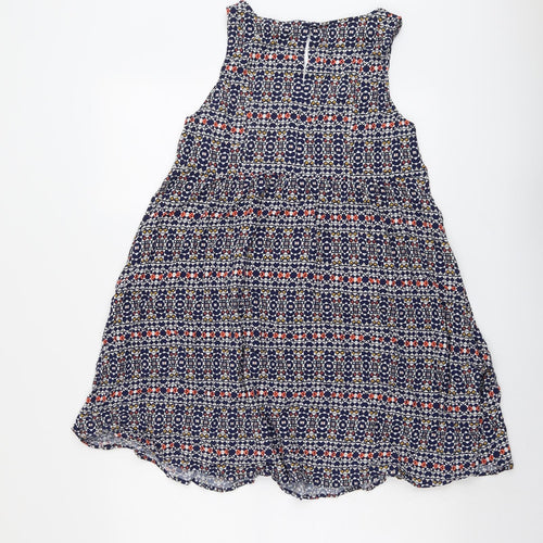 H&M Womens Blue Geometric Viscose Tank Dress Size 10 Round Neck Button