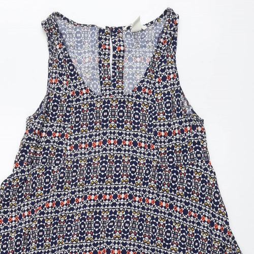 H&M Womens Blue Geometric Viscose Tank Dress Size 10 Round Neck Button