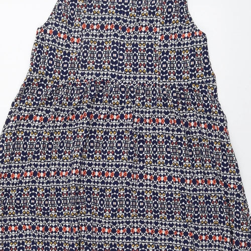 H&M Womens Blue Geometric Viscose Tank Dress Size 10 Round Neck Button