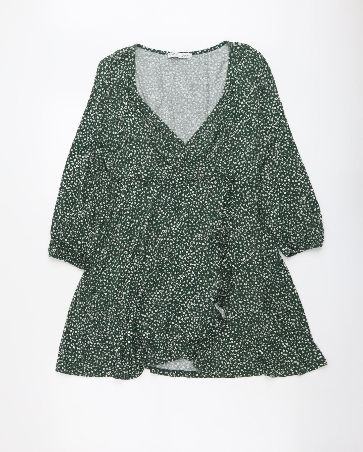 Pull&Bear Womens Green Floral Viscose Skater Dress Size L V-Neck Pullover - Wrap Style
