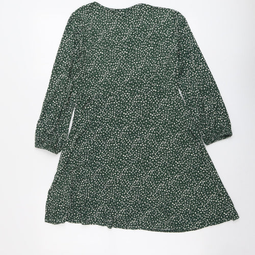 Pull&Bear Womens Green Floral Viscose Skater Dress Size L V-Neck Pullover - Wrap Style