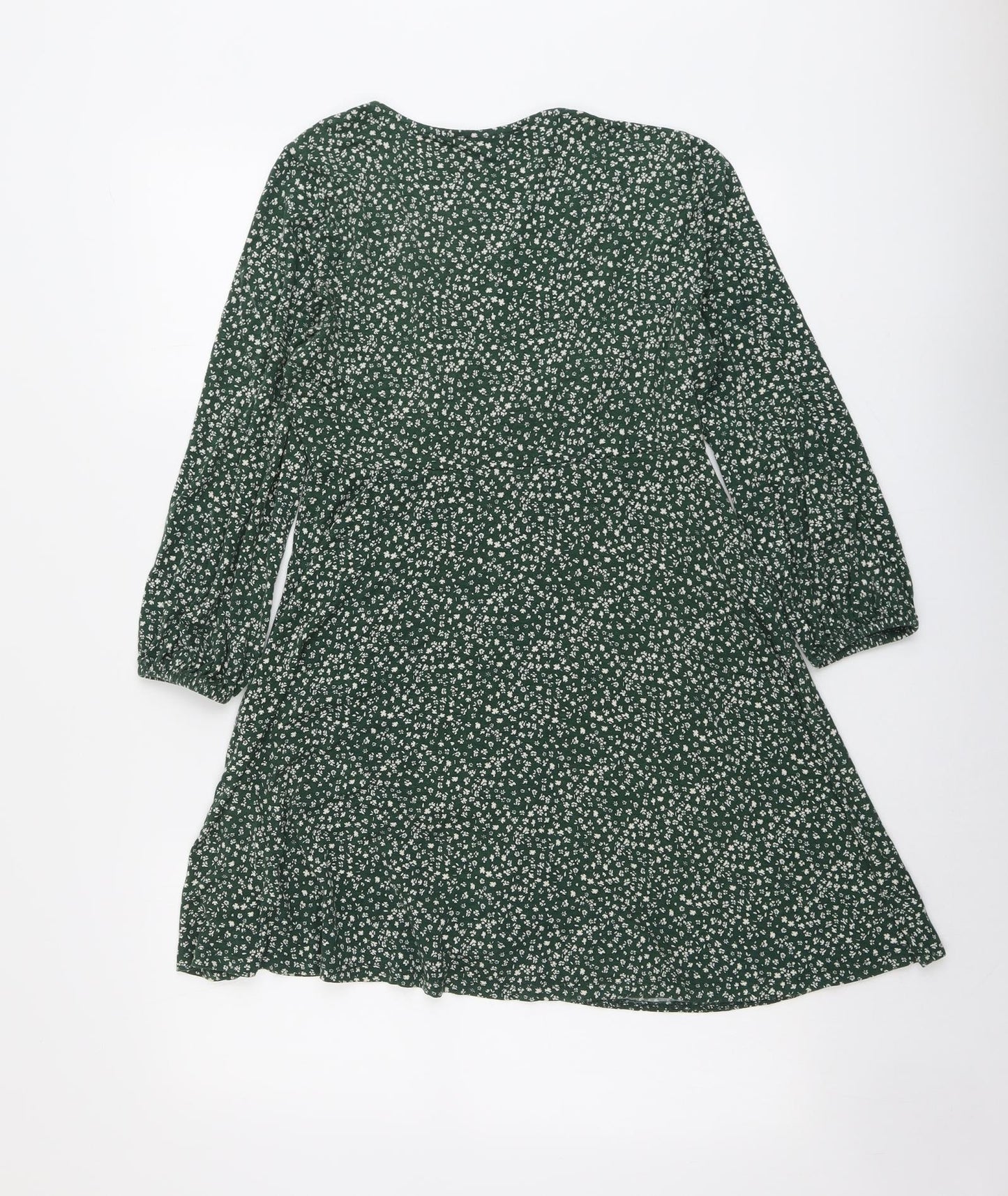 Pull&Bear Womens Green Floral Viscose Skater Dress Size L V-Neck Pullover - Wrap Style