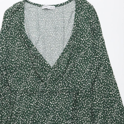 Pull&Bear Womens Green Floral Viscose Skater Dress Size L V-Neck Pullover - Wrap Style