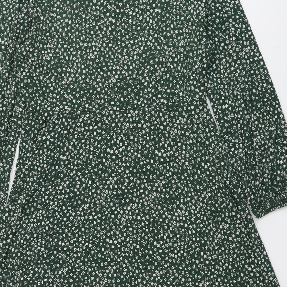 Pull&Bear Womens Green Floral Viscose Skater Dress Size L V-Neck Pullover - Wrap Style