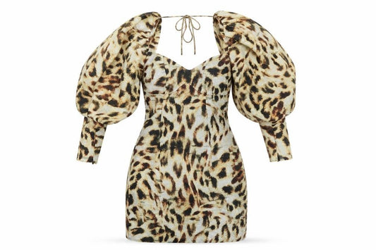 Front view of ASOS women’s beige animal print polyester mini, size UK 8, sweetheart zip - leopard print
