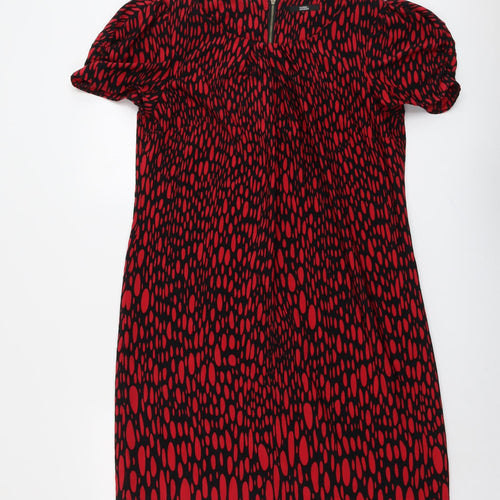 Marks and Spencer Womens Red Geometric Polyester Sheath Size 14 Boat Neck Zip
