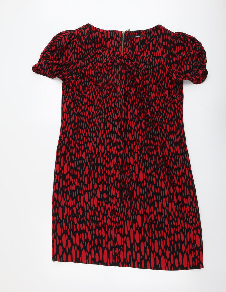 Marks and Spencer Womens Red Geometric Polyester Sheath Size 14 Boat Neck Zip