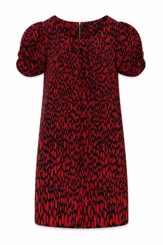 Front view of Marks & Spencer women’s red geometric polyester sheath, size UK 14, boat neck zip