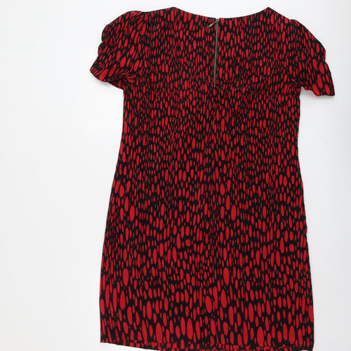 Marks and Spencer Womens Red Geometric Polyester Sheath Size 14 Boat Neck Zip
