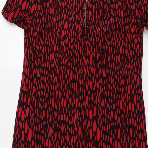 Marks and Spencer Womens Red Geometric Polyester Sheath Size 14 Boat Neck Zip