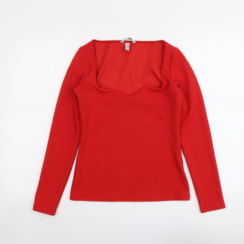 H&M Womens Red Polyester Basic Blouse Size S Square Neck
