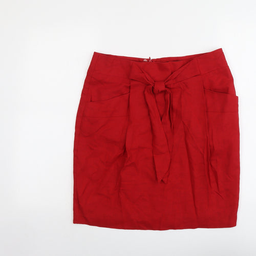 Marks and Spencer Womens Red Linen A-Line Skirt Size 14 Zip
