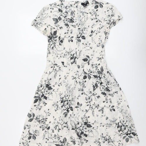 H&M Womens White Floral Viscose A-Line Size 10 Boat Neck Zip - Rose Print