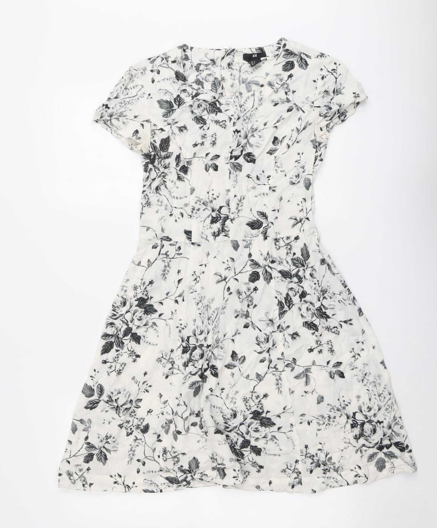 H&M Womens White Floral Viscose A-Line Size 10 Boat Neck Zip - Rose Print