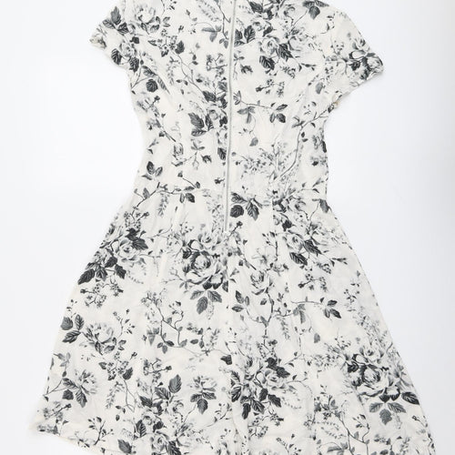 H&M Womens White Floral Viscose A-Line Size 10 Boat Neck Zip - Rose Print