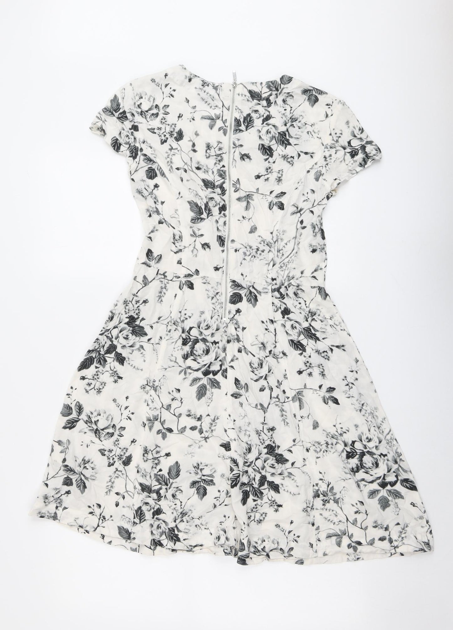 H&M Womens White Floral Viscose A-Line Size 10 Boat Neck Zip - Rose Print
