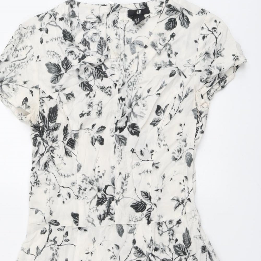 H&M Womens White Floral Viscose A-Line Size 10 Boat Neck Zip - Rose Print