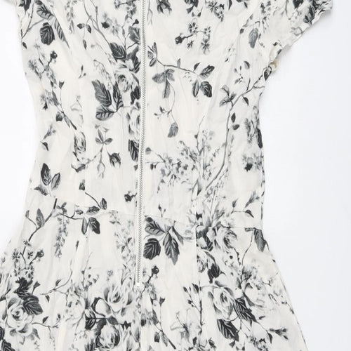 H&M Womens White Floral Viscose A-Line Size 10 Boat Neck Zip - Rose Print