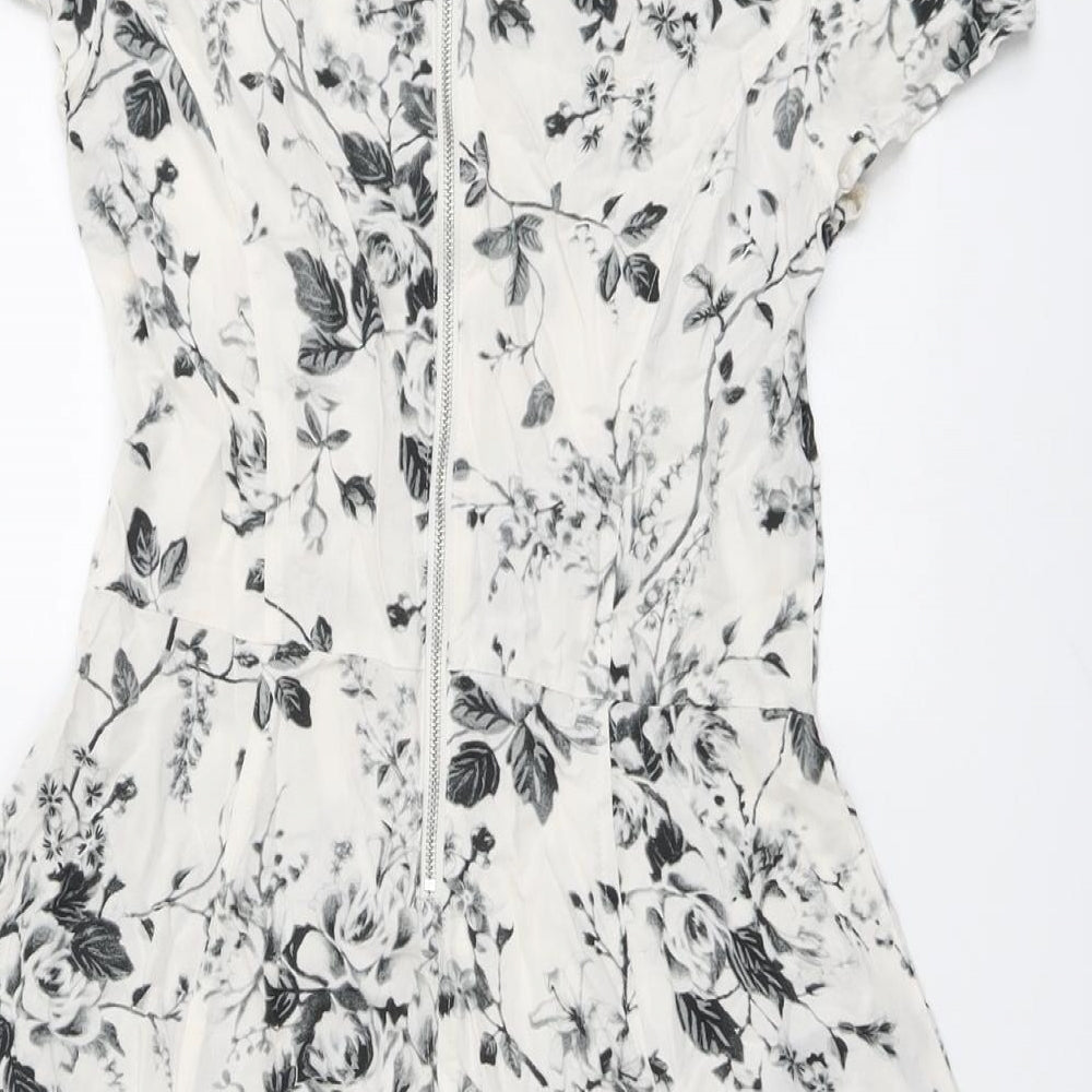 H&M Womens White Floral Viscose A-Line Size 10 Boat Neck Zip - Rose Print