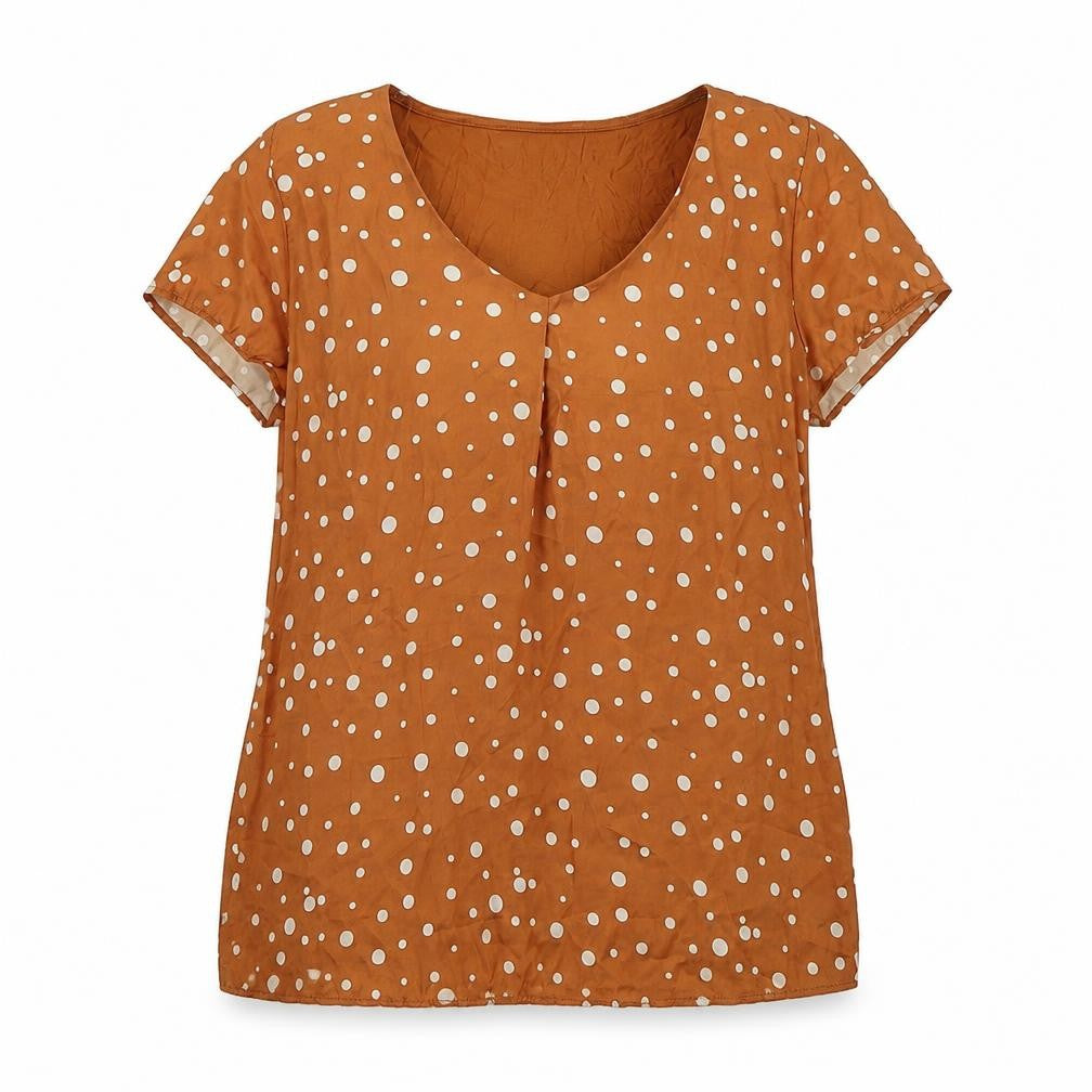 Front view of ORSAY women’s brown polka dot polyester basic t-shirt, size S, scoop neck