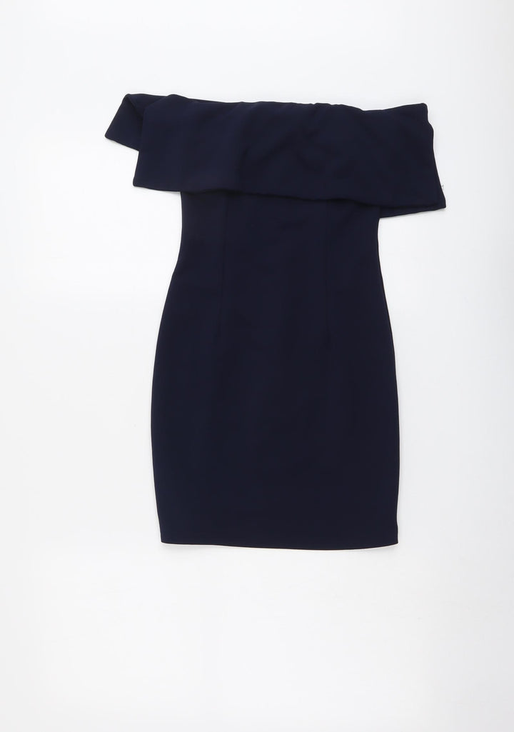 Missguided Womens Blue Polyester Mini Size 6 Off the Shoulder Zip - Fold-Over Neckline