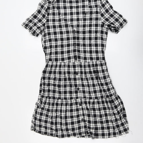 H&M Womens Black Plaid Viscose A-Line Size 6 V-Neck Button - Tiered