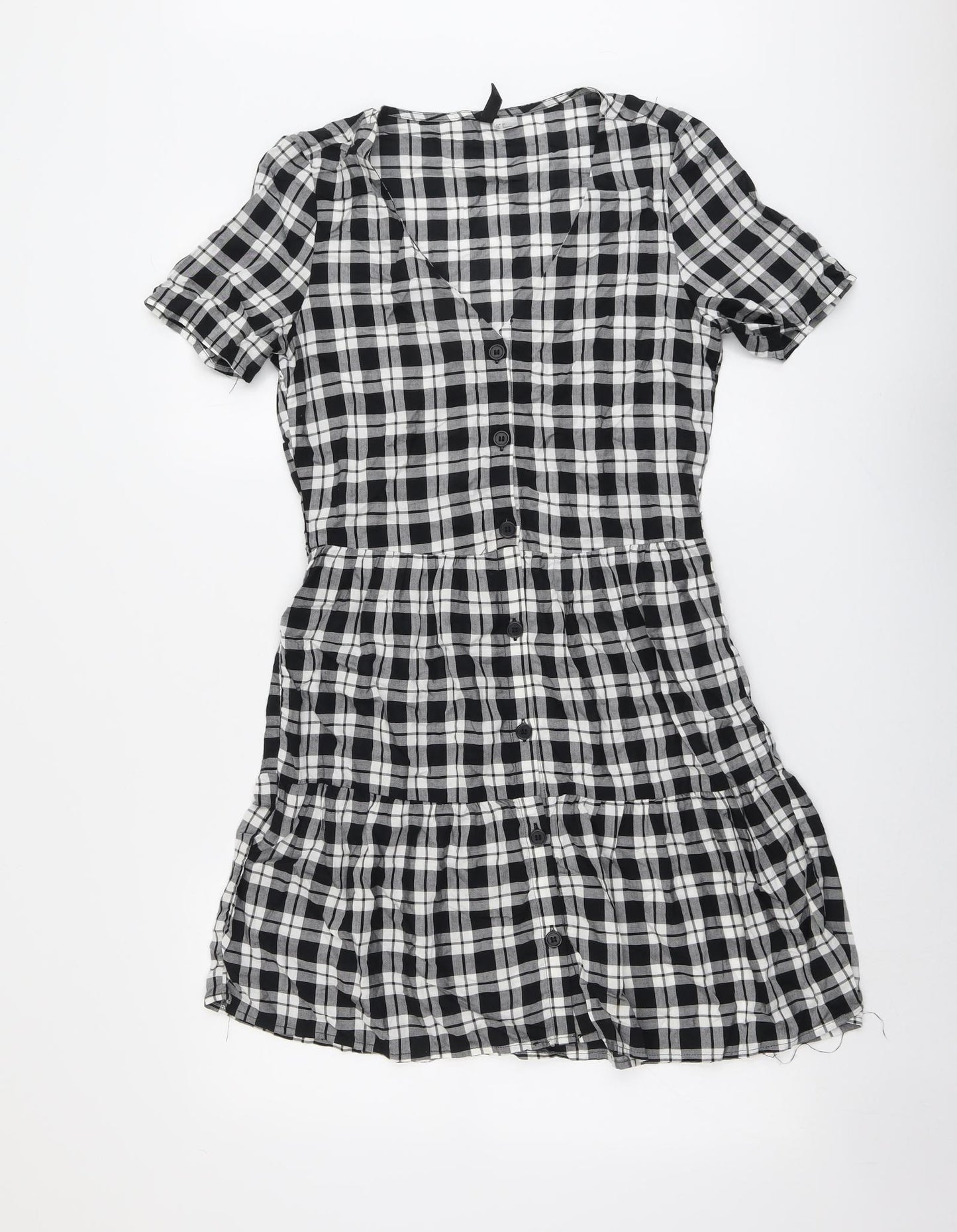 H&M Womens Black Plaid Viscose A-Line Size 6 V-Neck Button - Tiered