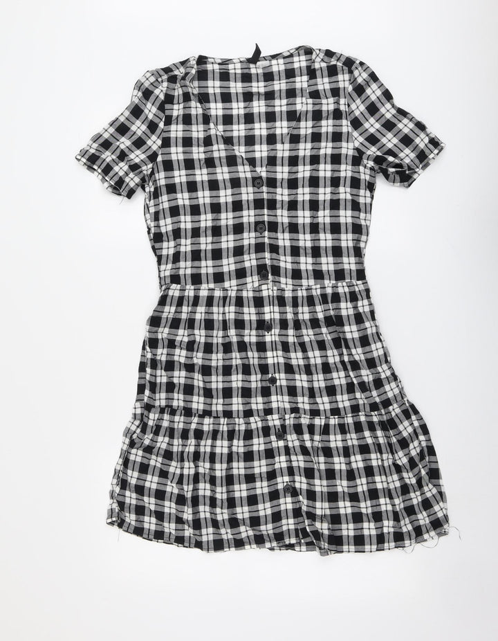 H&M Womens Black Plaid Viscose A-Line Size 6 V-Neck Button - Tiered