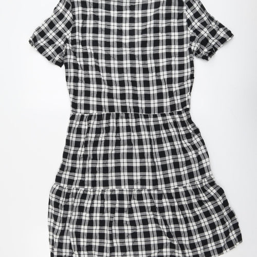 H&M Womens Black Plaid Viscose A-Line Size 6 V-Neck Button - Tiered