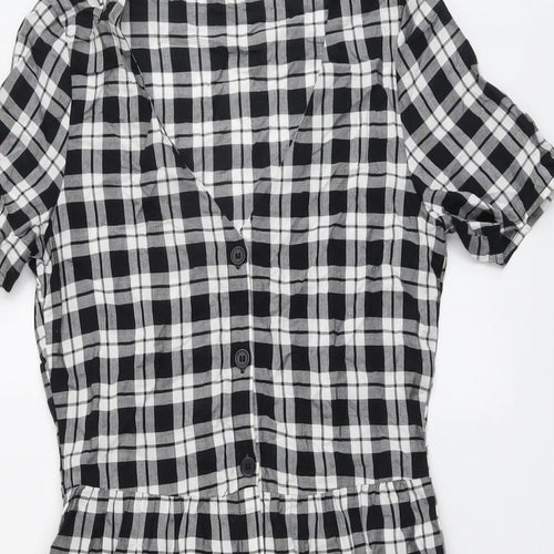 H&M Womens Black Plaid Viscose A-Line Size 6 V-Neck Button - Tiered