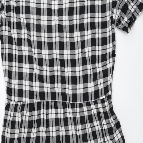 H&M Womens Black Plaid Viscose A-Line Size 6 V-Neck Button - Tiered