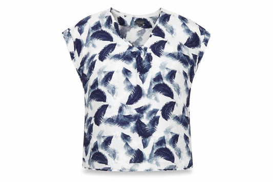 Front view of Phase Eight women’s blue geometric viscose basic t-shirt, size UK 14, v-neck - feather print