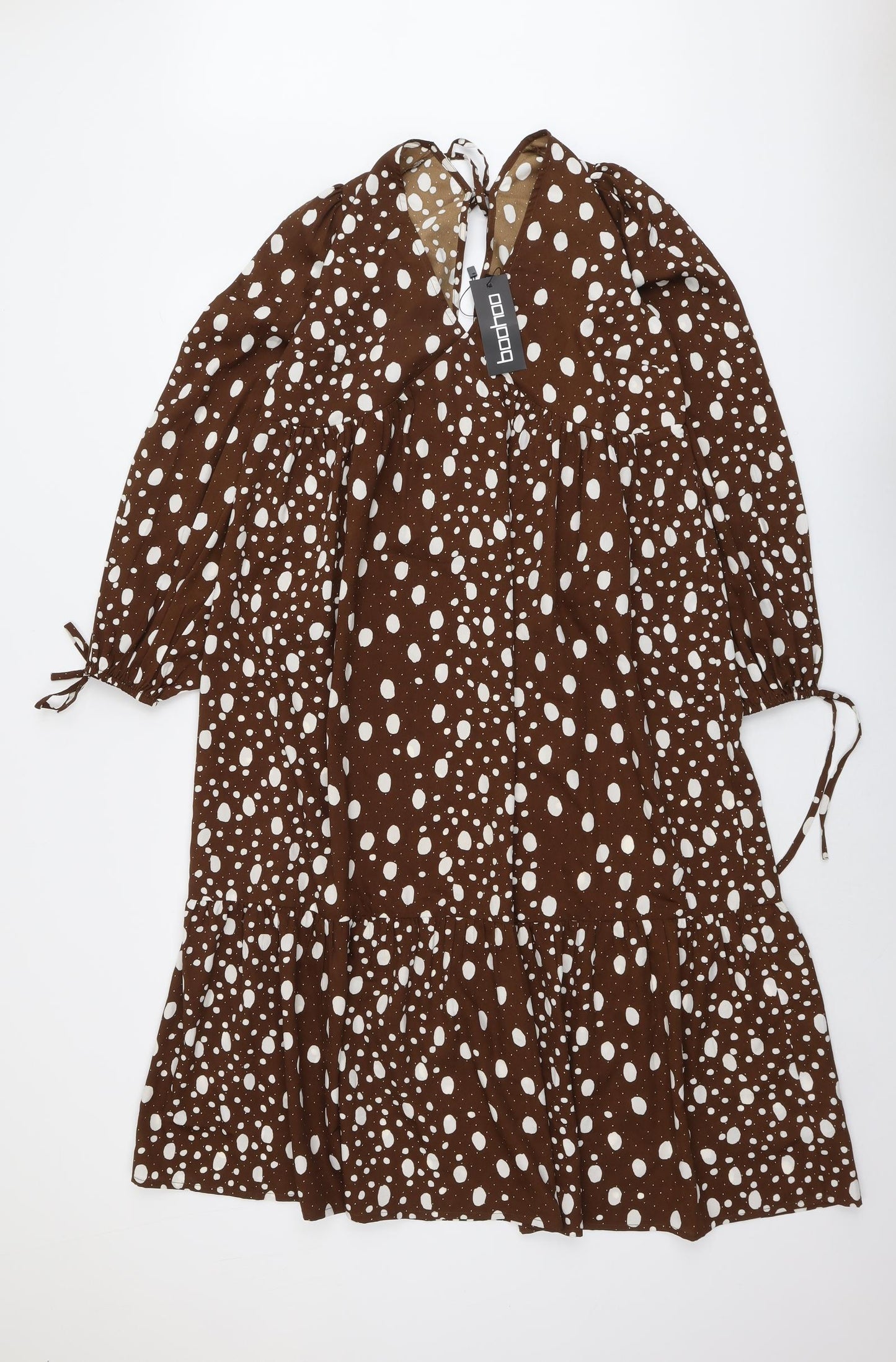 Boohoo Womens Brown Polka Dot Polyester A-Line Size 10 V-Neck Pullover
